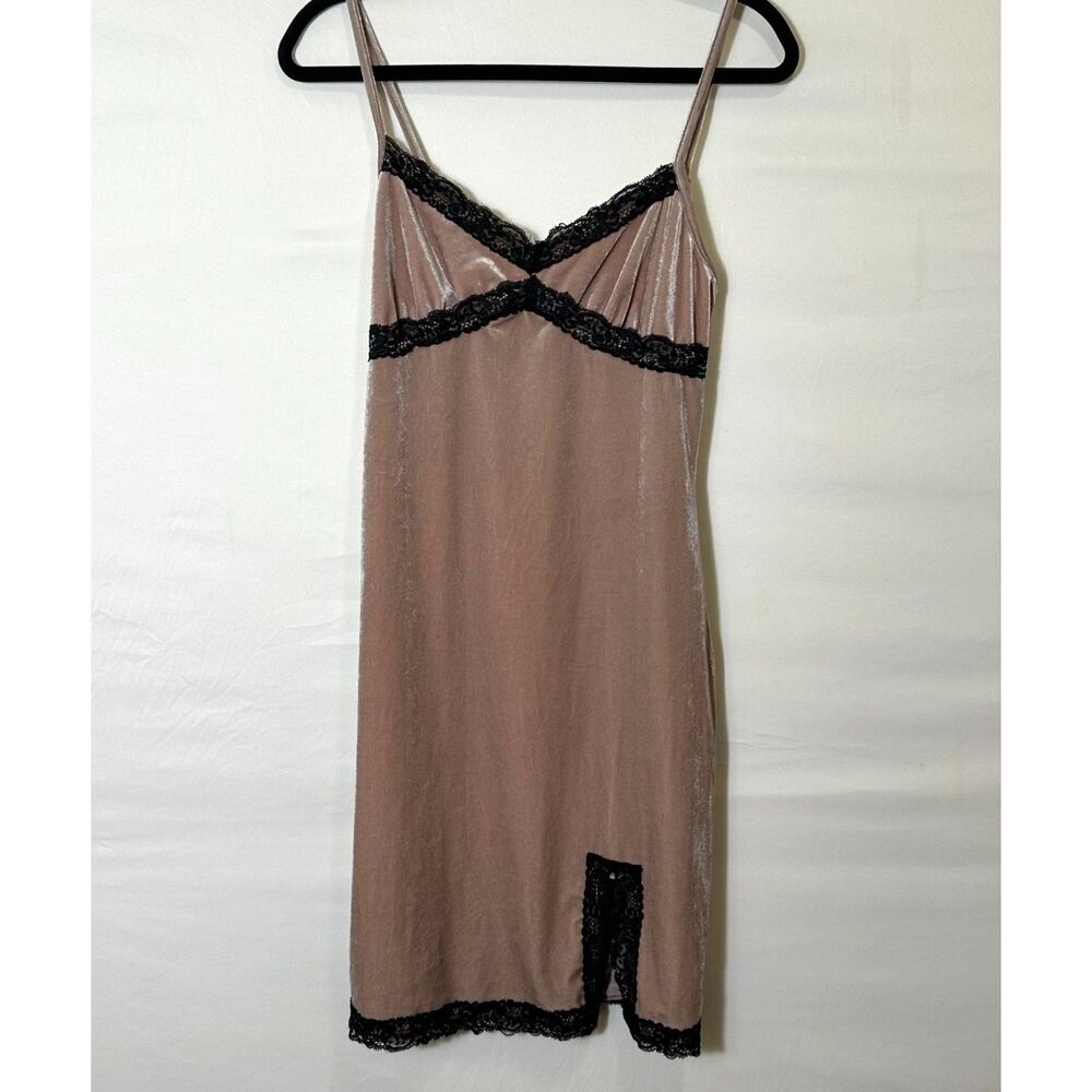 No Comment Mini Dress Light Brown Velvet Floral Slip Dress Lace Trim Size L